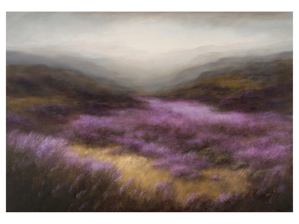 Print of oil painting of valleys of heather moorland.