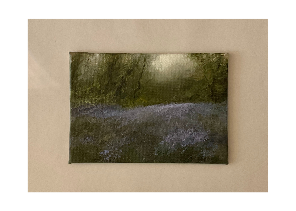 Miniature oil painting of a woodland scene with bluebells.