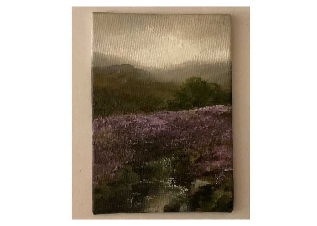 Miniature oil painting of a heather moorland scene with a brook and pine trees.