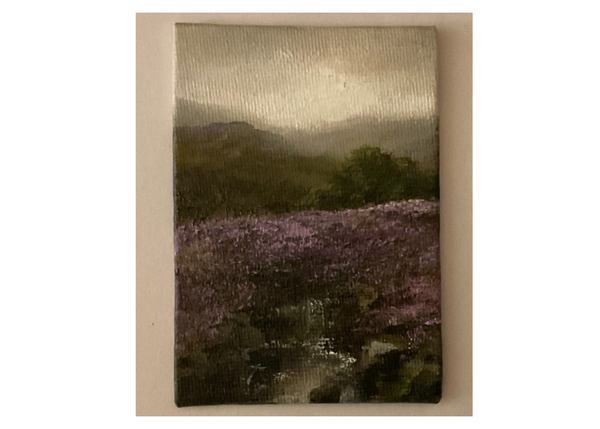 Miniature oil painting of a heather moorland scene with a brook and pine trees.