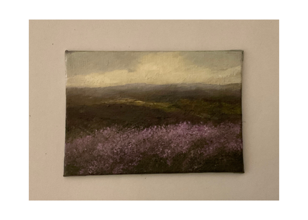 Miniature oil painting of a heather moorland scene on Haworth Moor in Brontë Country.