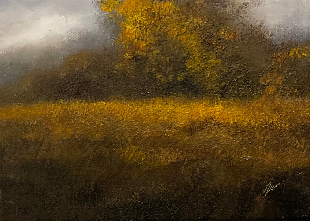 Painting of a landscape with trees and a field in Autumn.