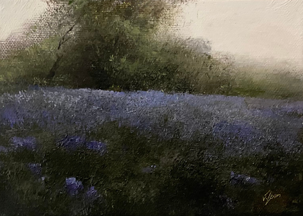 Oil painting of a  meadow field with cornflower.