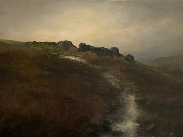 Oil painting of a misty landscape with a path up to the Cow and Calf Rocks, Ilkley, West Yorkshire.