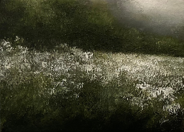 Oil painting of a meadow landscape with cow parsley.