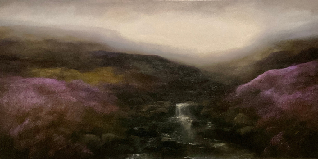 Oil painting of a Yorkshire moorland landscape during dusk.
