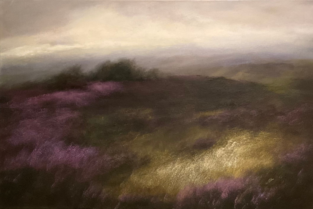 Oil landscape painting depicting a hill with pine trees in the heather moors.