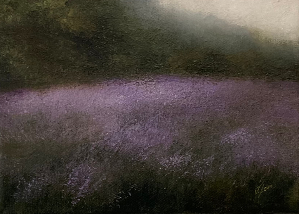 Original oil painting by Judith Levin of a meadow landscape with lavender.