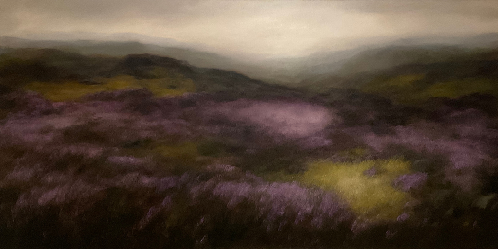 Large oil painting of a Yorkshire moorland heather landscape with mist in the valley.