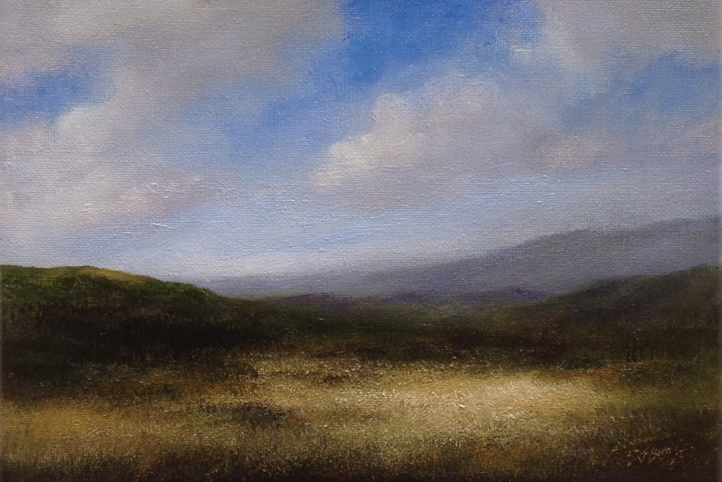 Oil painting of a landscape with fields, hills and cloudy sky