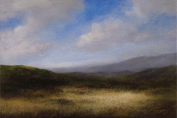 Oil painting of a landscape with fields, hills and cloudy sky