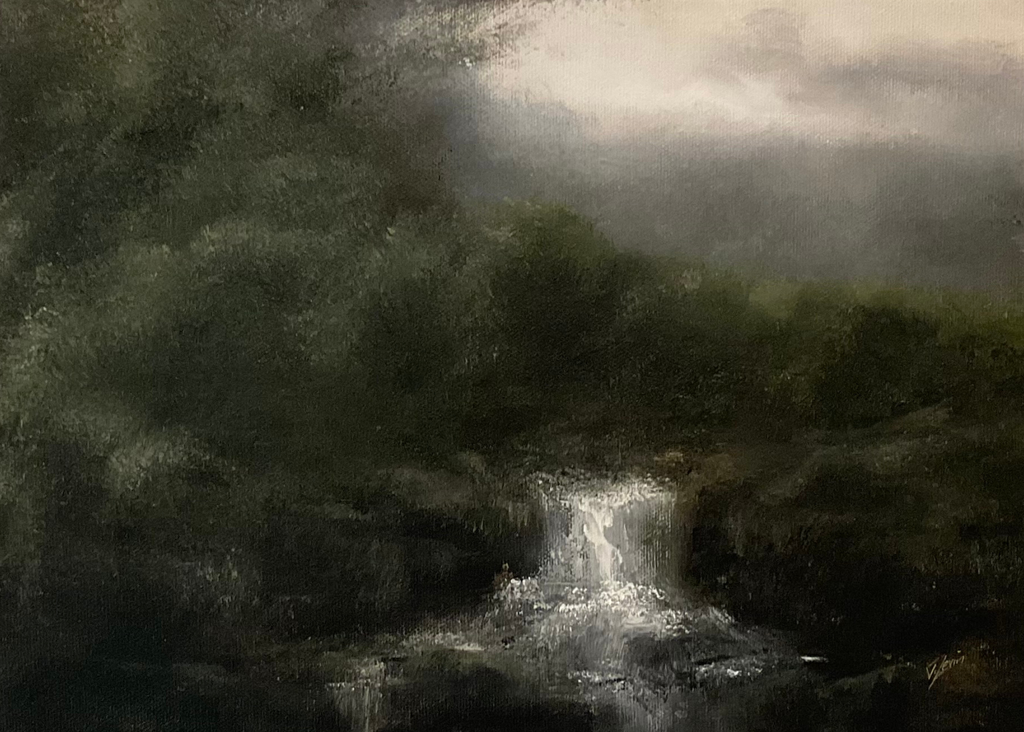 Oil painting of a landscape featuring a rainy day in rural Yorkshire.