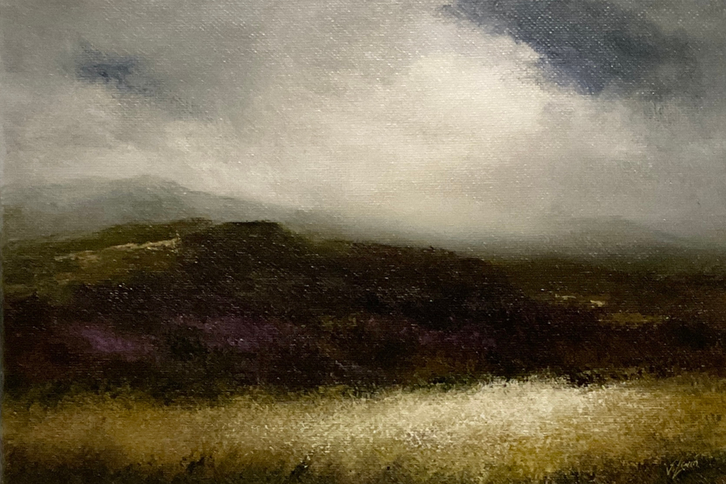 Oil painting by Judith Levin of a landscape with dark hills and a cloudy sky.