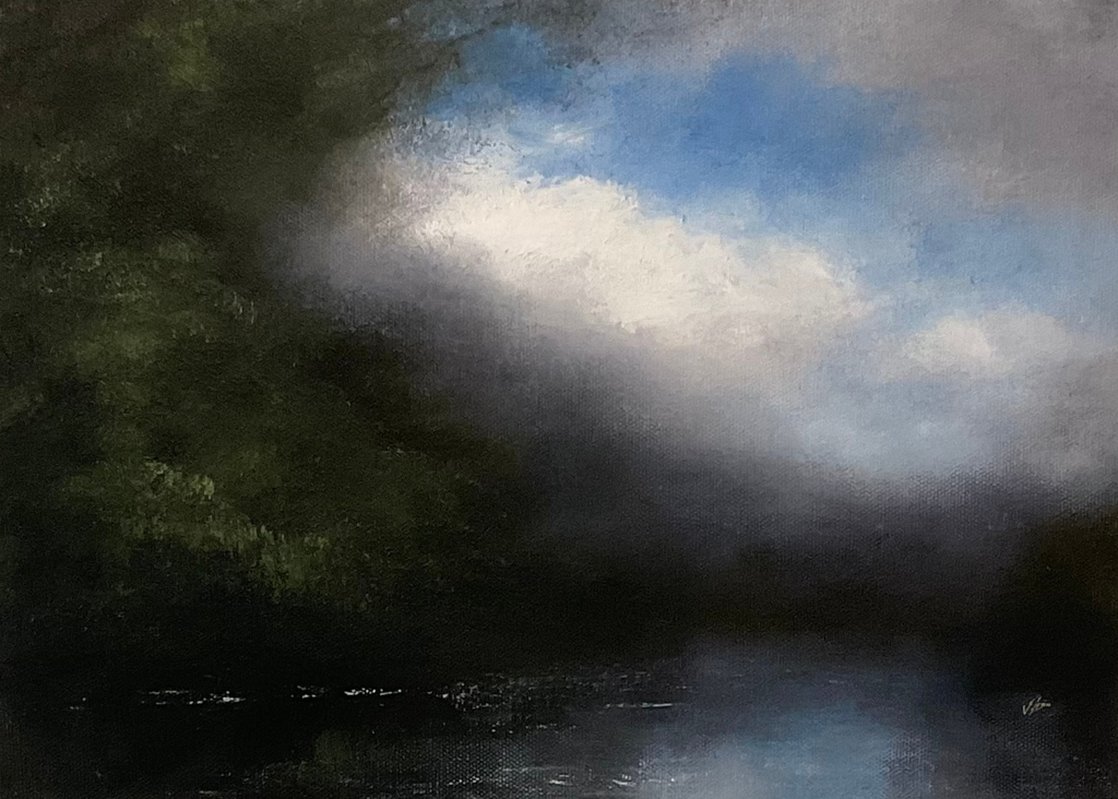 Oil painting studying the upper lake in Roundhay Park, Leeds, West Yorkshire.