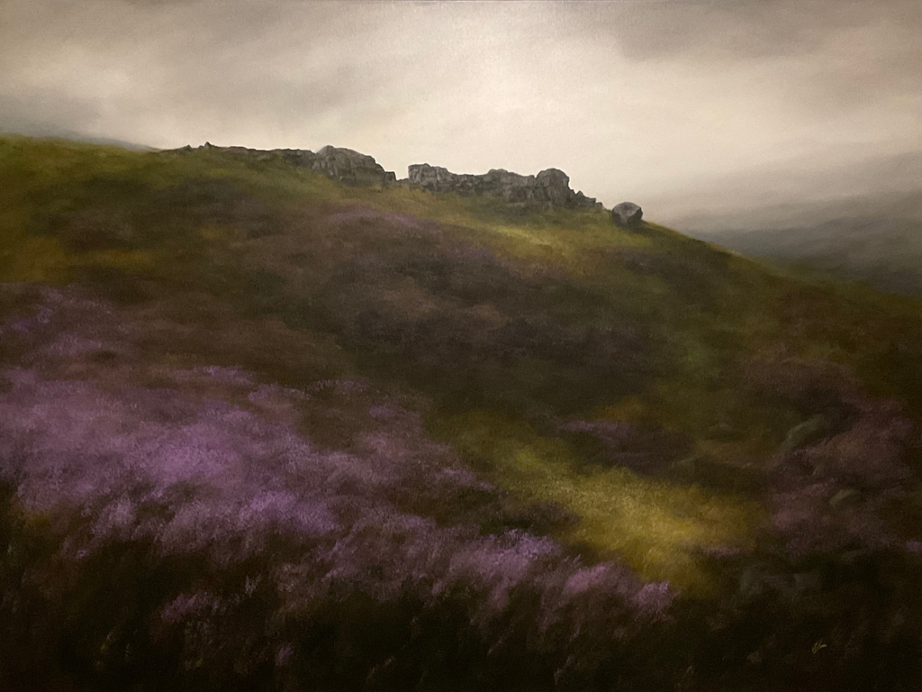 Oil landscape painting of the Cow and Calf Rocks in Ilkley, West Yorkshire, featuring heather moorland.