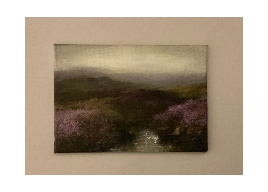 Oil painting of a moorland scene with a small stream and heather bank.