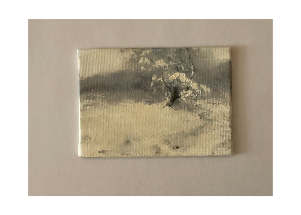 Miniature oil painting of a tree surrounded by snow.