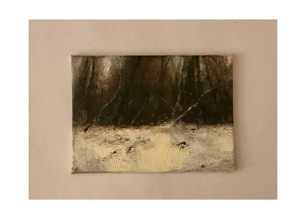 Miniature oil painting of a woodland scene with snow.